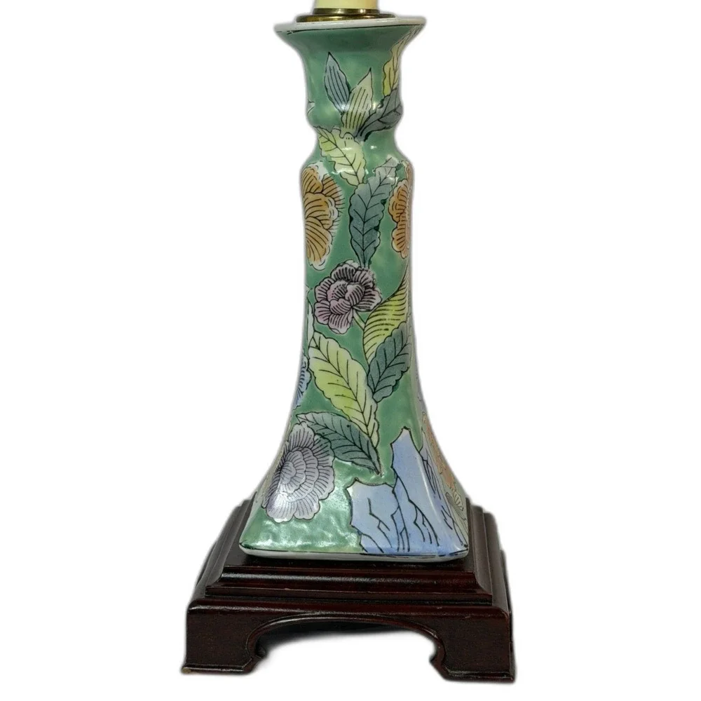 Vintage Green Floral Asian Wood Base Table Lamp Chinoserie TWO AVAIL Candlestick